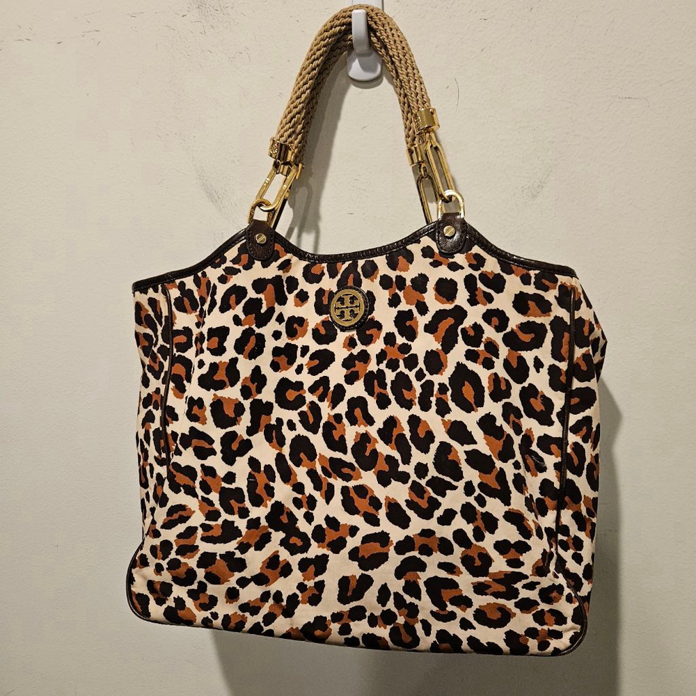 Women's Tory Burch Leopard Print Large Tote Bag Rope Handles Brown Beige - Picture 5 of 12